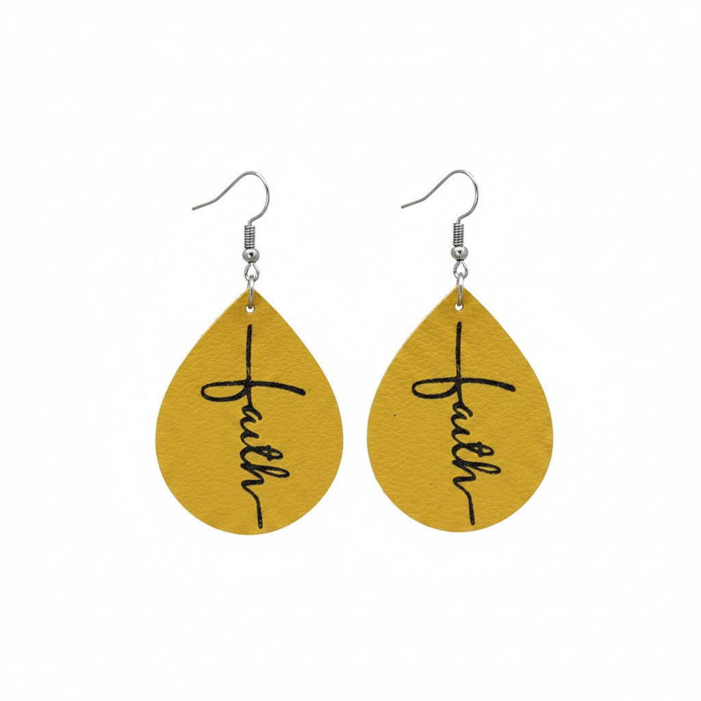 Mustard Yellow Black Faith Teardrop Leather Earrings