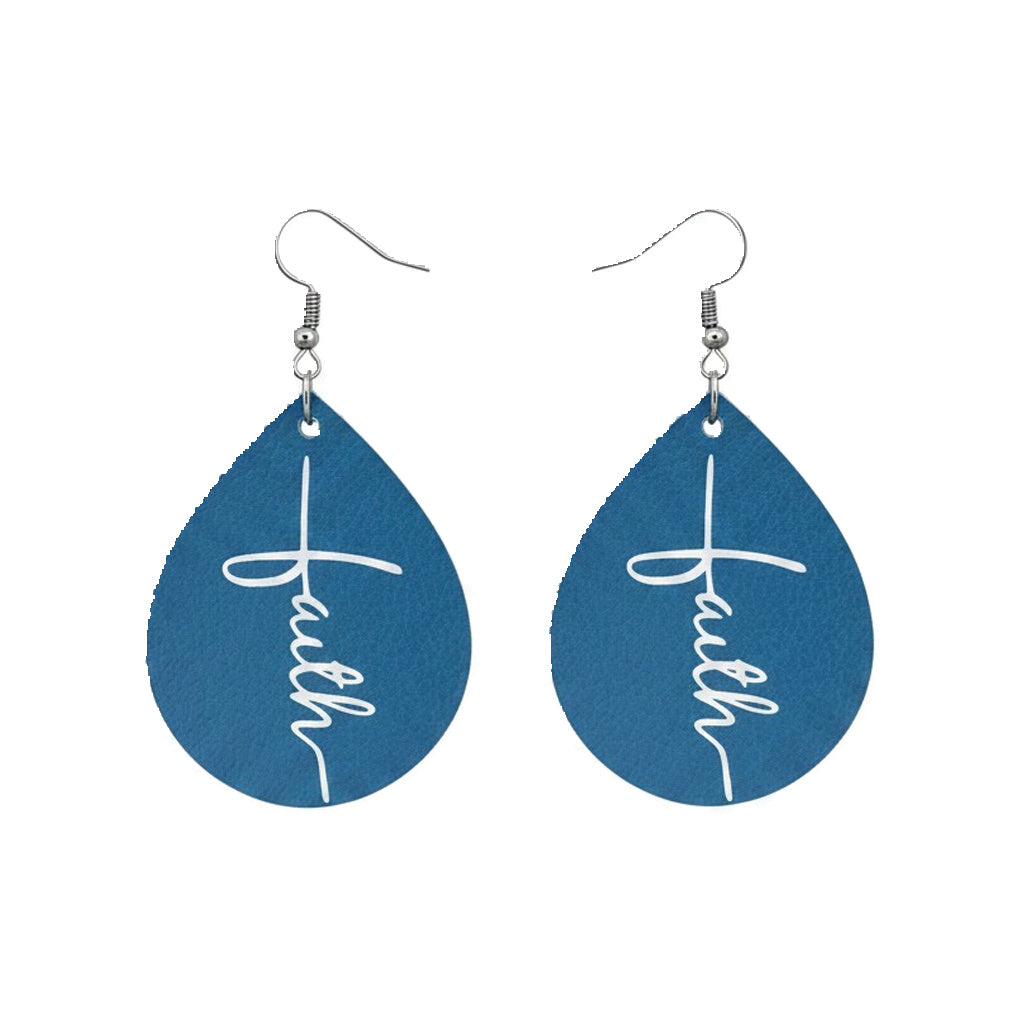 Air Force Blue Faith Teardrop Leather Earrings