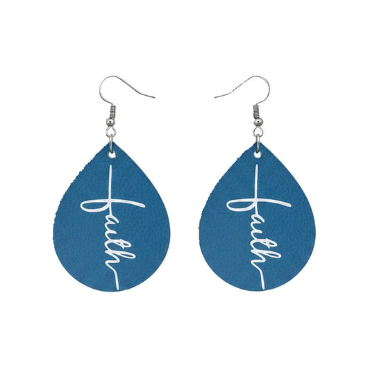 Air Force Blue Faith Teardrop Leather Earrings