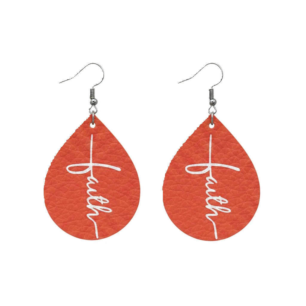 Dark Coral Faith Teardrop Leather Earrings