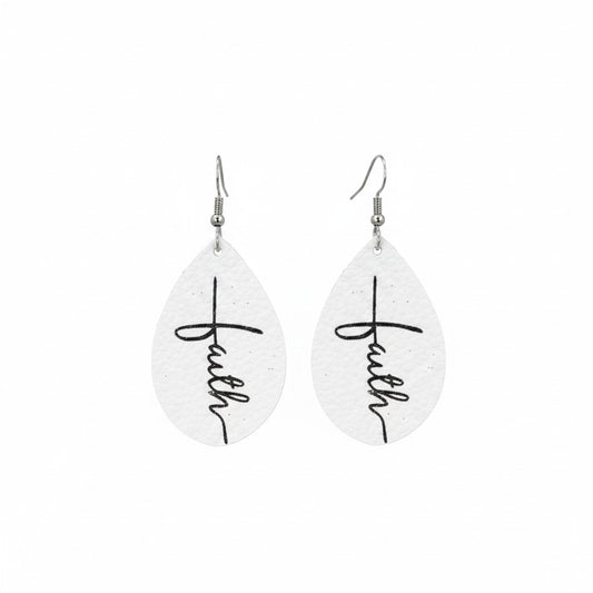 White Faith Teardrop Leather Earrings