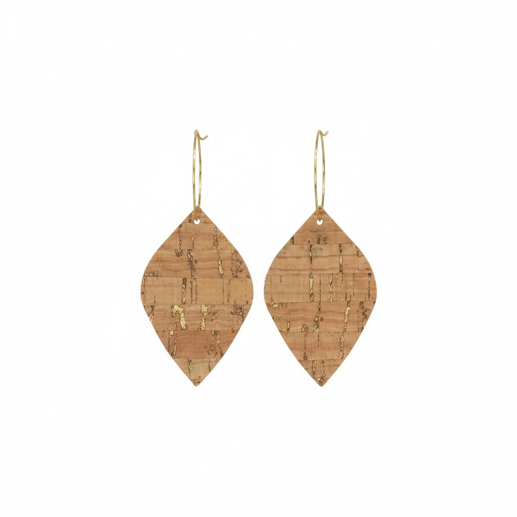 Gold Metallic Cork Marquis Hoop Leather Earrings