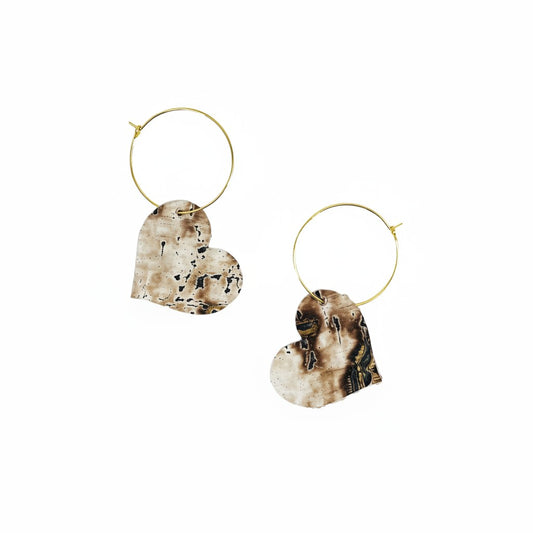 Driftwood Bark Heart Hoop Leather Earrings
