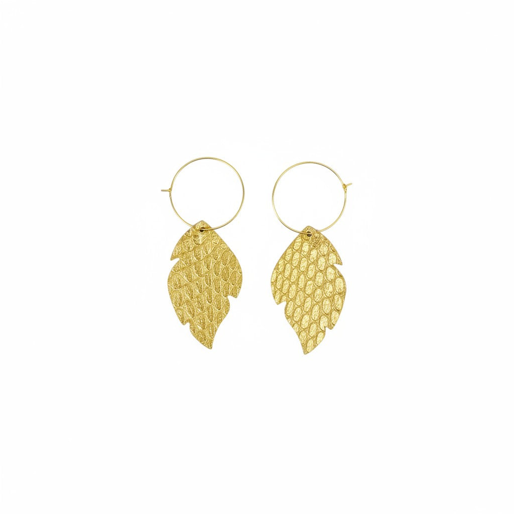 Gold Snake Leather Leaf Hoop Earrings