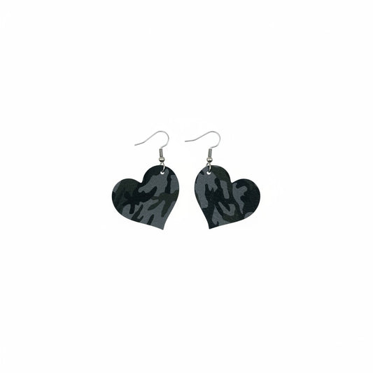 Jungle Gray Camo Heart Leather Earrings