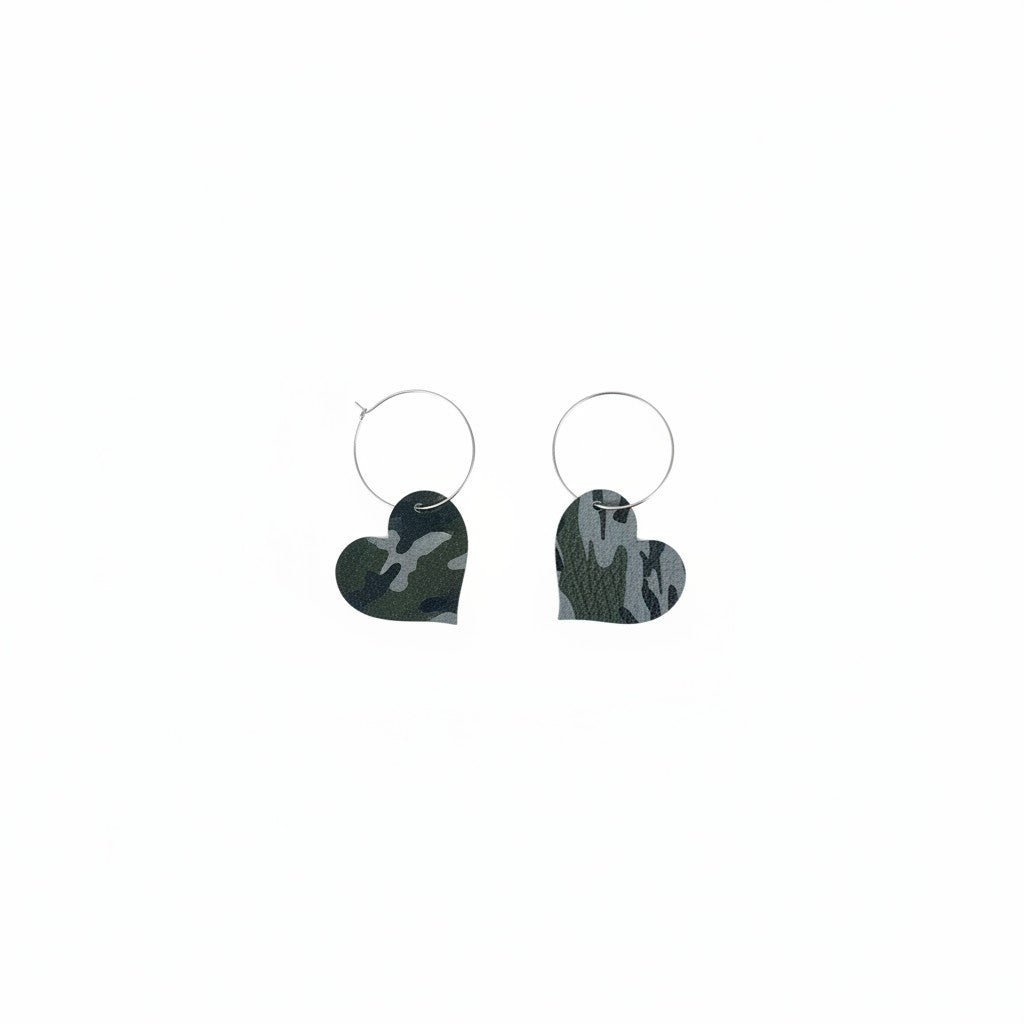 Jungle Gray Camo Heart Hoop Leather Earrings