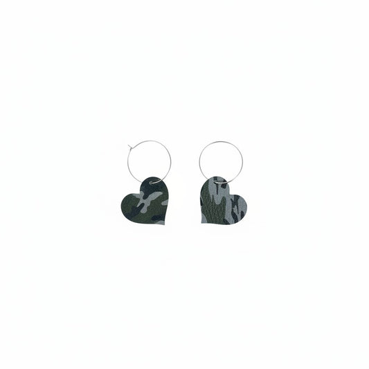Jungle Gray Camo Heart Hoop Leather Earrings