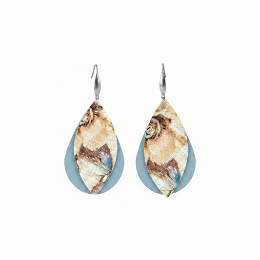 Blue and Neutral Layered Leather Earrings