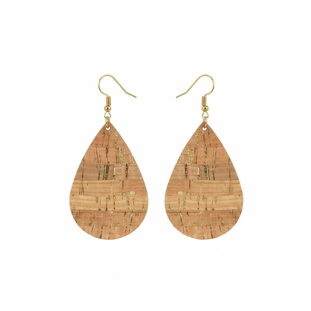 Gold Metallic Cork Teardrop Leather Earrings