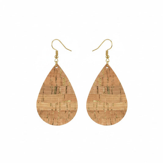 Gold Metallic Cork Teardrop Leather Earrings