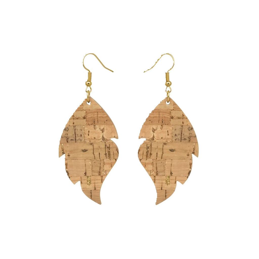 Gold Metallic Cork Feather Leather Earrings