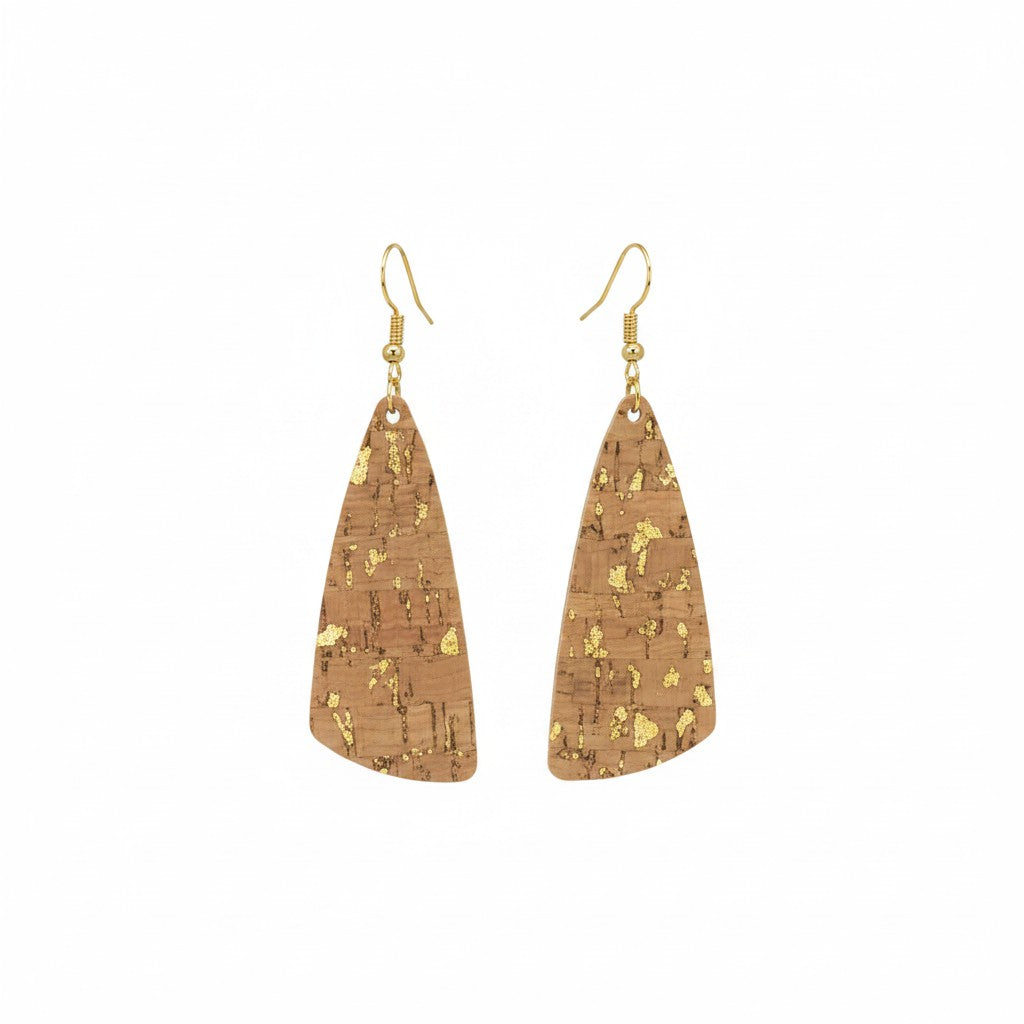 Gold Metallic Cork Angled Bar Leather Earrings