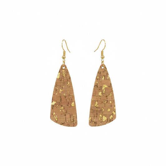 Gold Metallic Cork Angled Bar Leather Earrings
