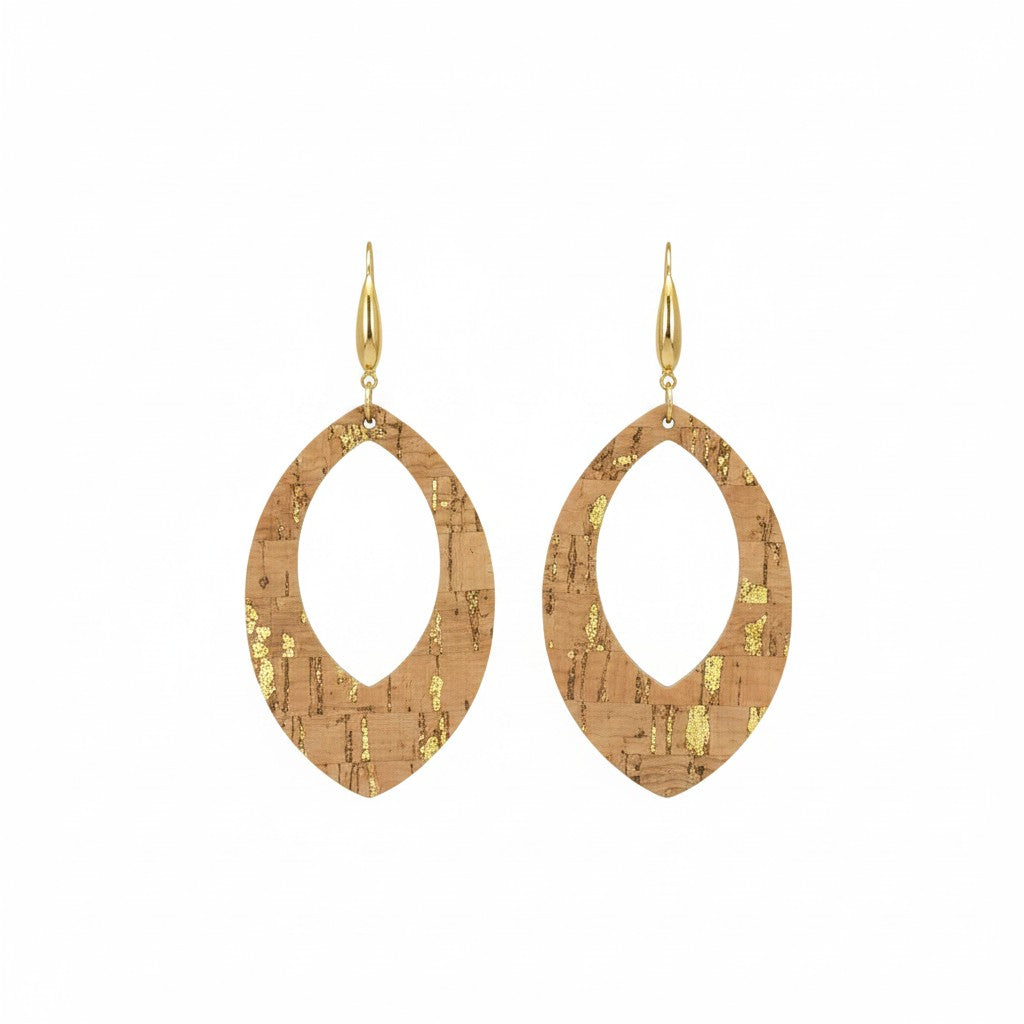 Gold Metallic Cork Open Oval Leather Earrings