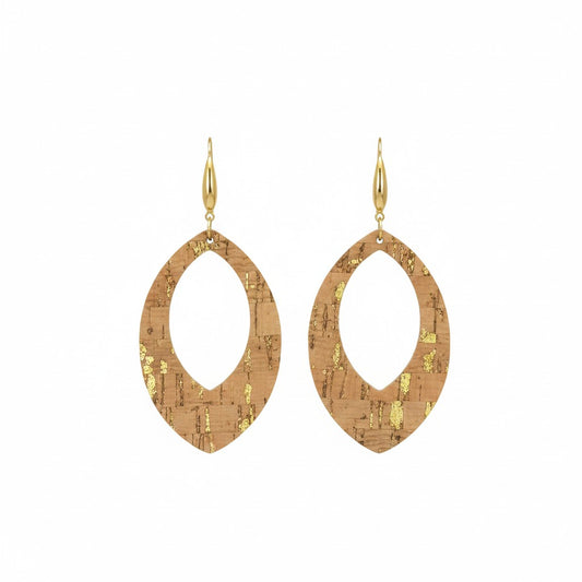 Gold Metallic Cork Open Oval Leather Earrings