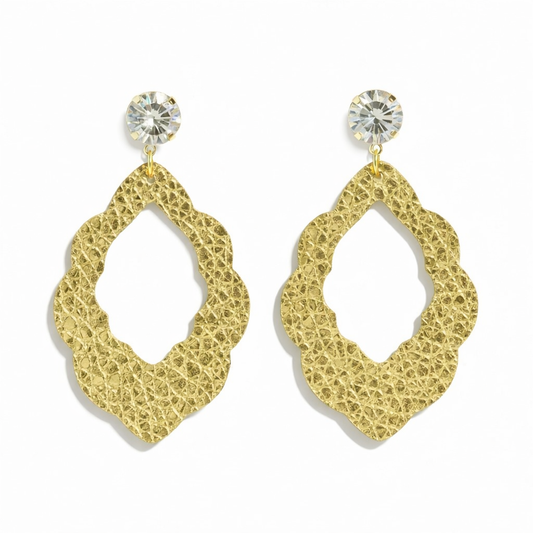 Crystal Clear & Gold Pebbled Leather Drop Earrings
