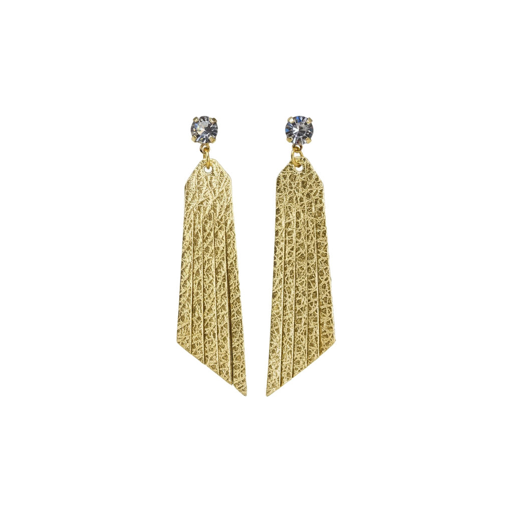 Crystal Clear & Gold Pebbled Leather Drop Earrings