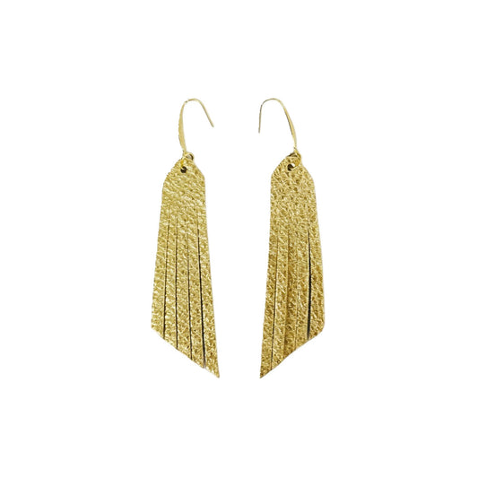 Gold Pebbled Fringe Bar Leather Earrings