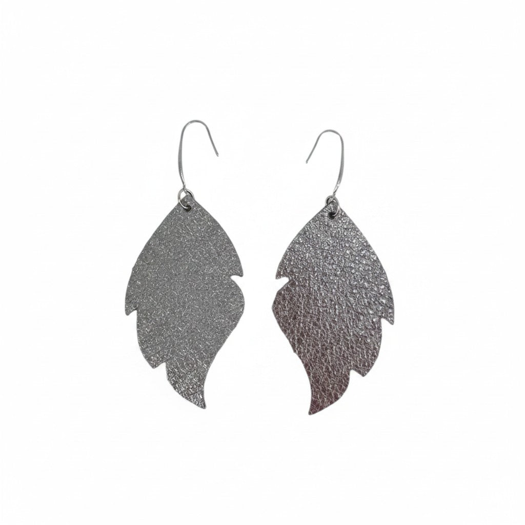 Metallic Gunmetal Feather Leather Earrings
