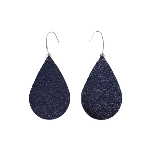 Metallic Navy Pebbled Teardrop Leather Earrings