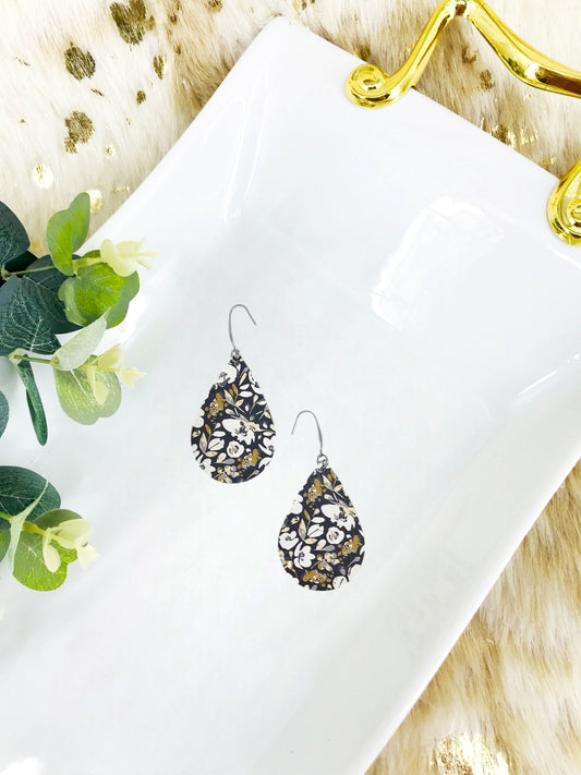 Navy Floral Leather Earrings - E19-2385