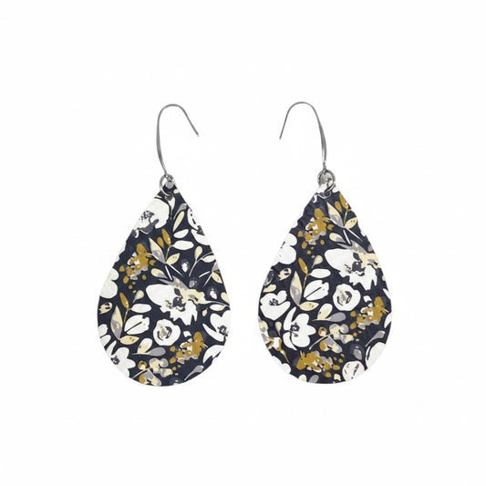 Navy White Poppy Teardrop Leather Earrings