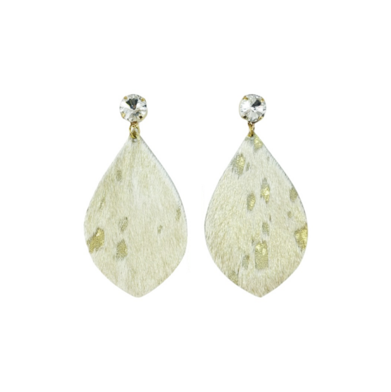 Crystal Clear & Gold Hair On Leather Drop Earrings