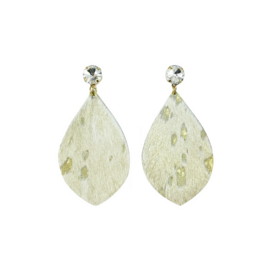 Crystal Clear & Gold Hair On Leather Drop Earrings
