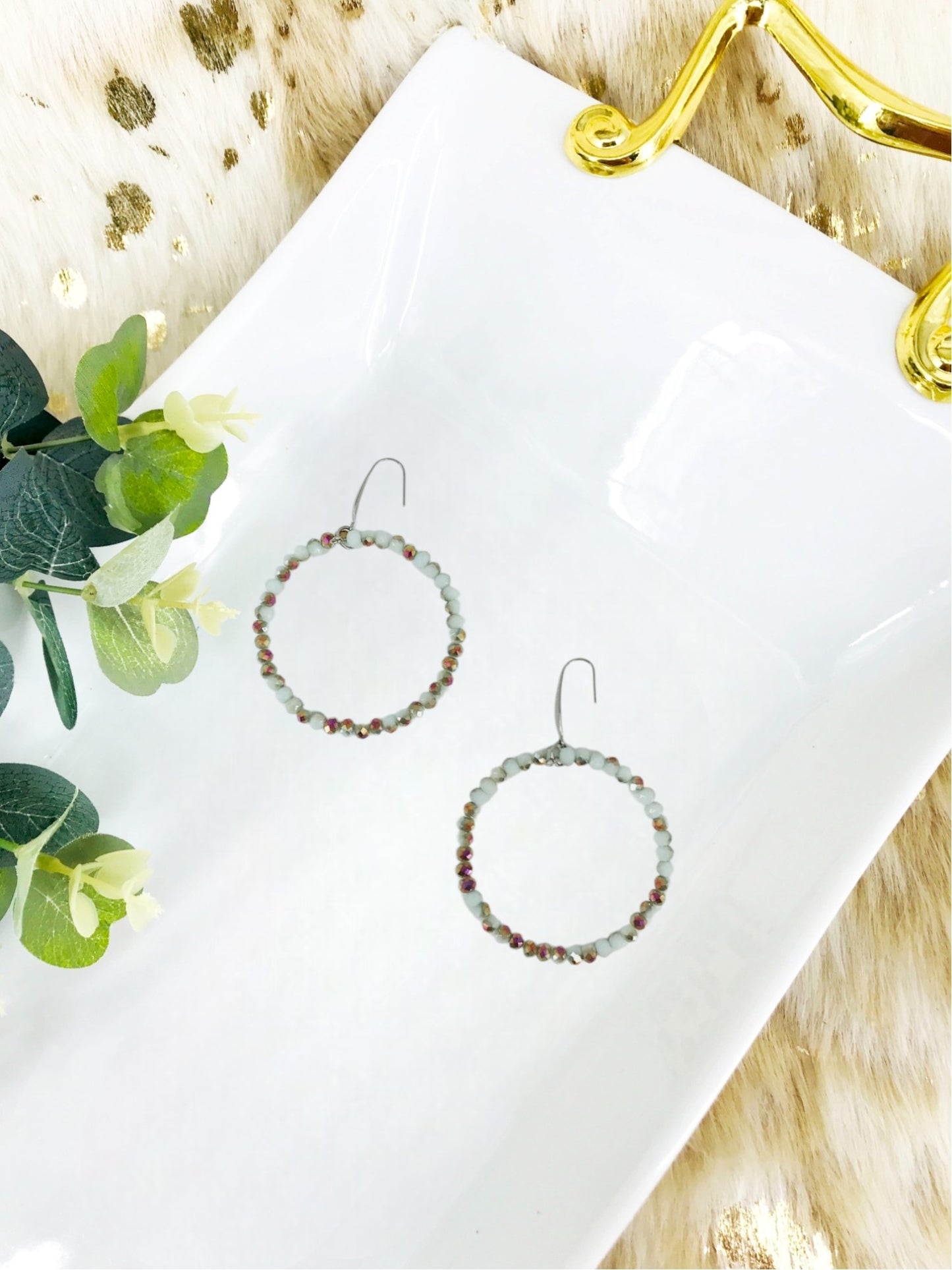 Light Cyan Glass Bead Hoop Earrings - E19-2413