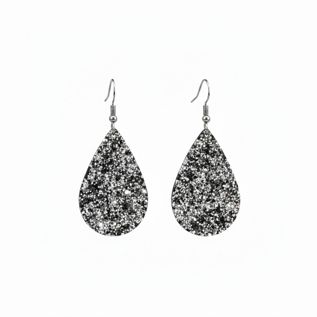 Midnight Silver Glitter Teardrop Earrings
