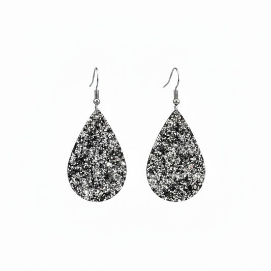 Midnight Silver Glitter Teardrop Earrings