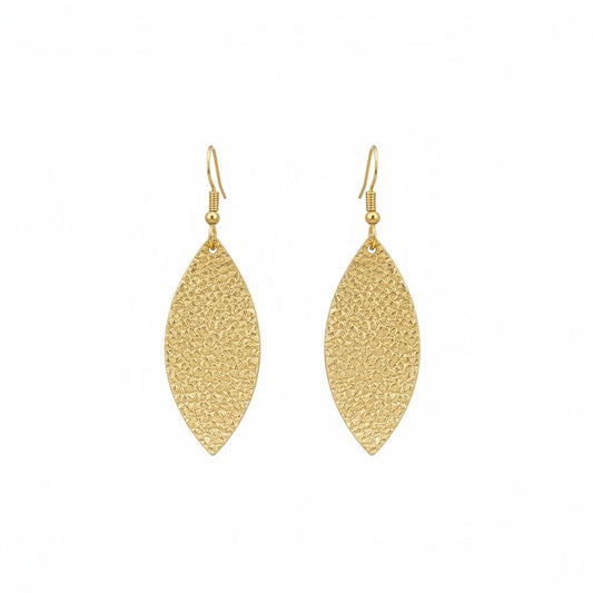 Pebbled Gold Slim Leaf Leather Earrings