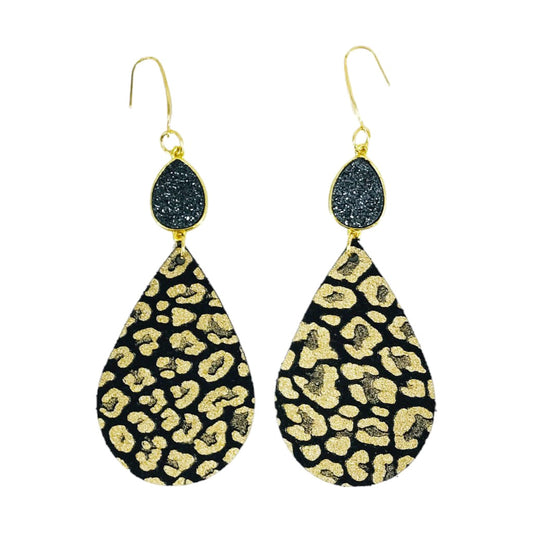 Druzy Agate & Gold Glitter Leopard Teardrop Earrings