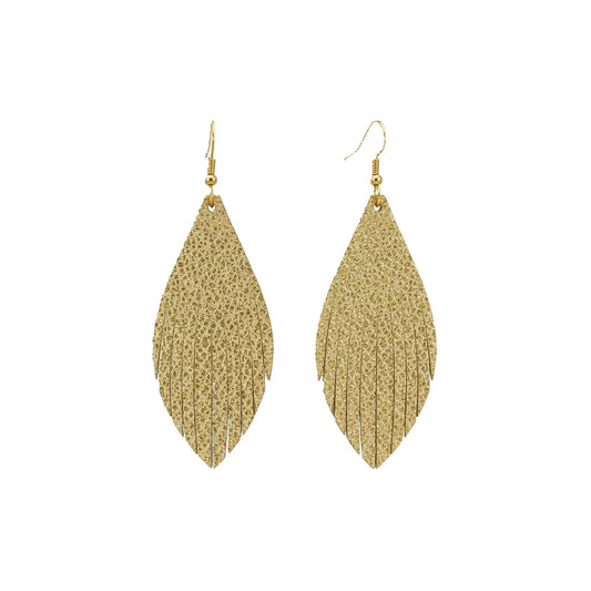 Pebbled Gold Fringe Leaf Leather Earrings