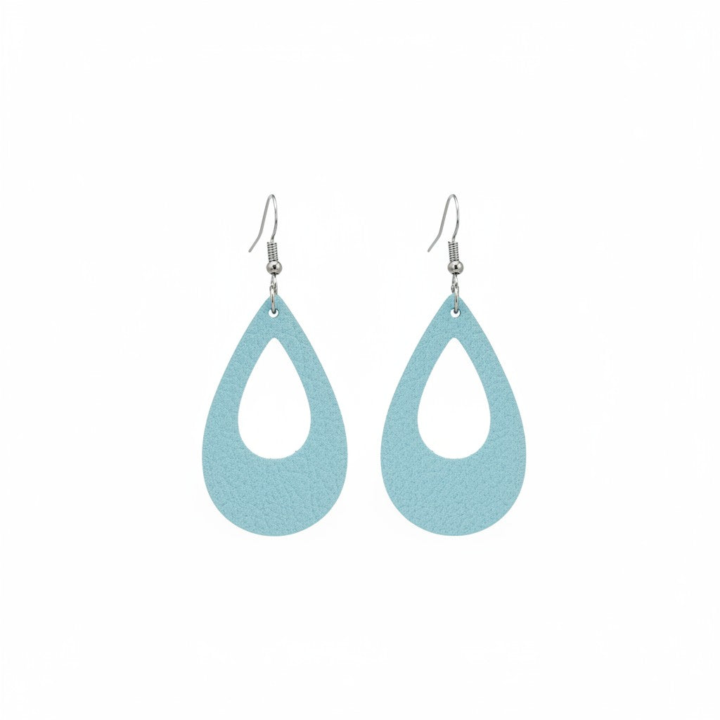Pearlized Ice Blue Open Teardrop Leather Earrings