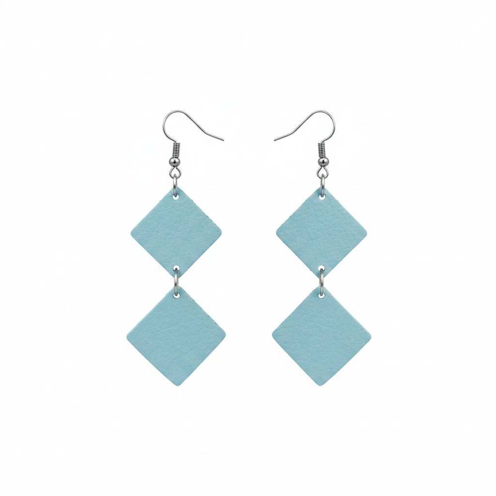 Pearlized Ice Blue Double Diamond Leather Earrings