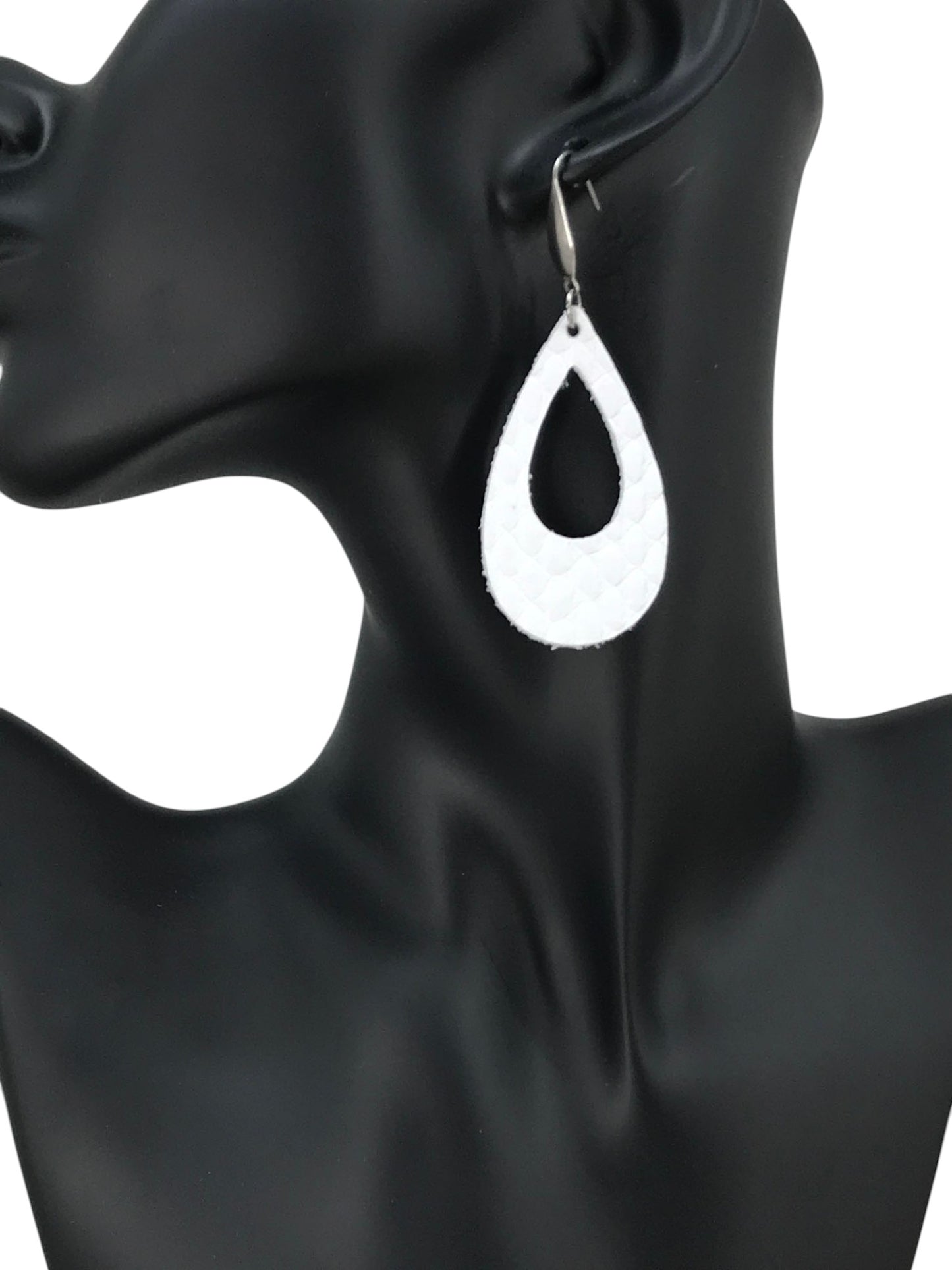 Matte White Snake Leather Teardrop Earrings