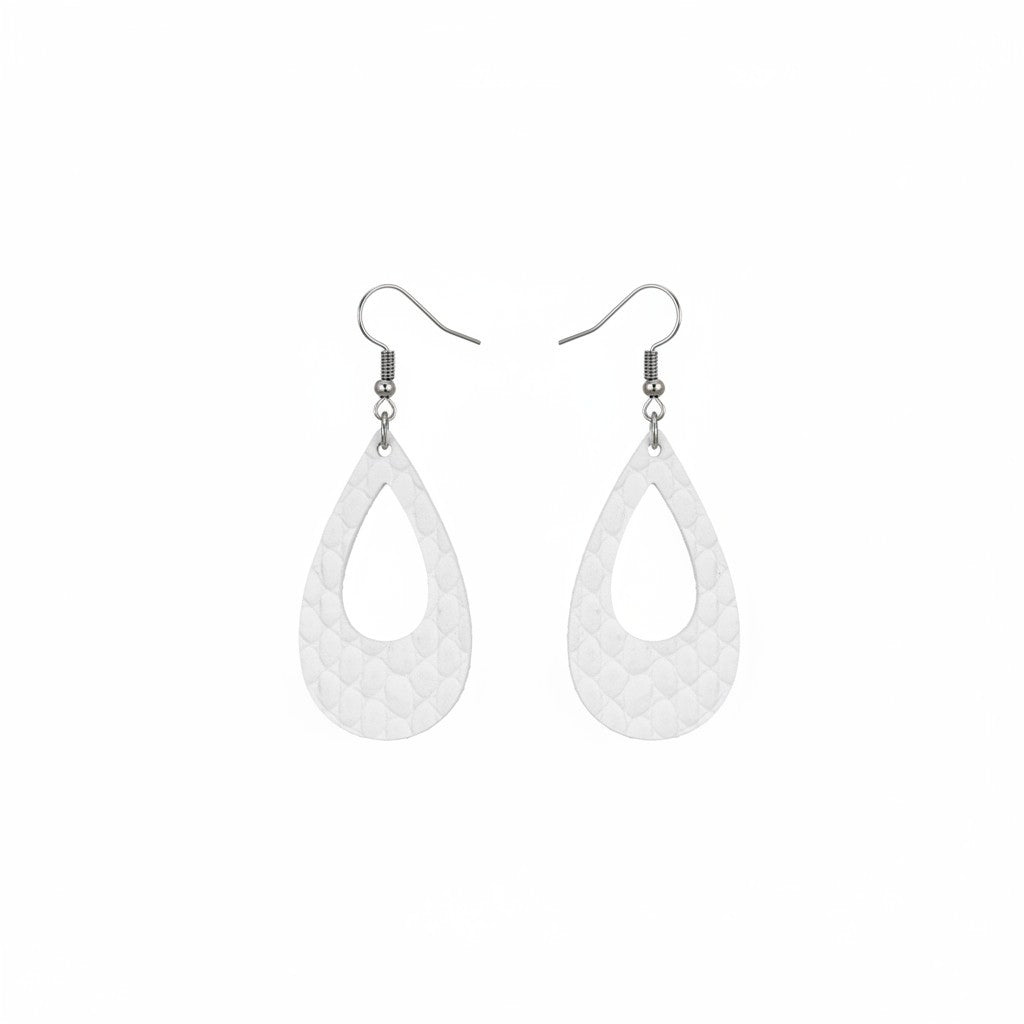 Matte White Snake Leather Teardrop Earrings