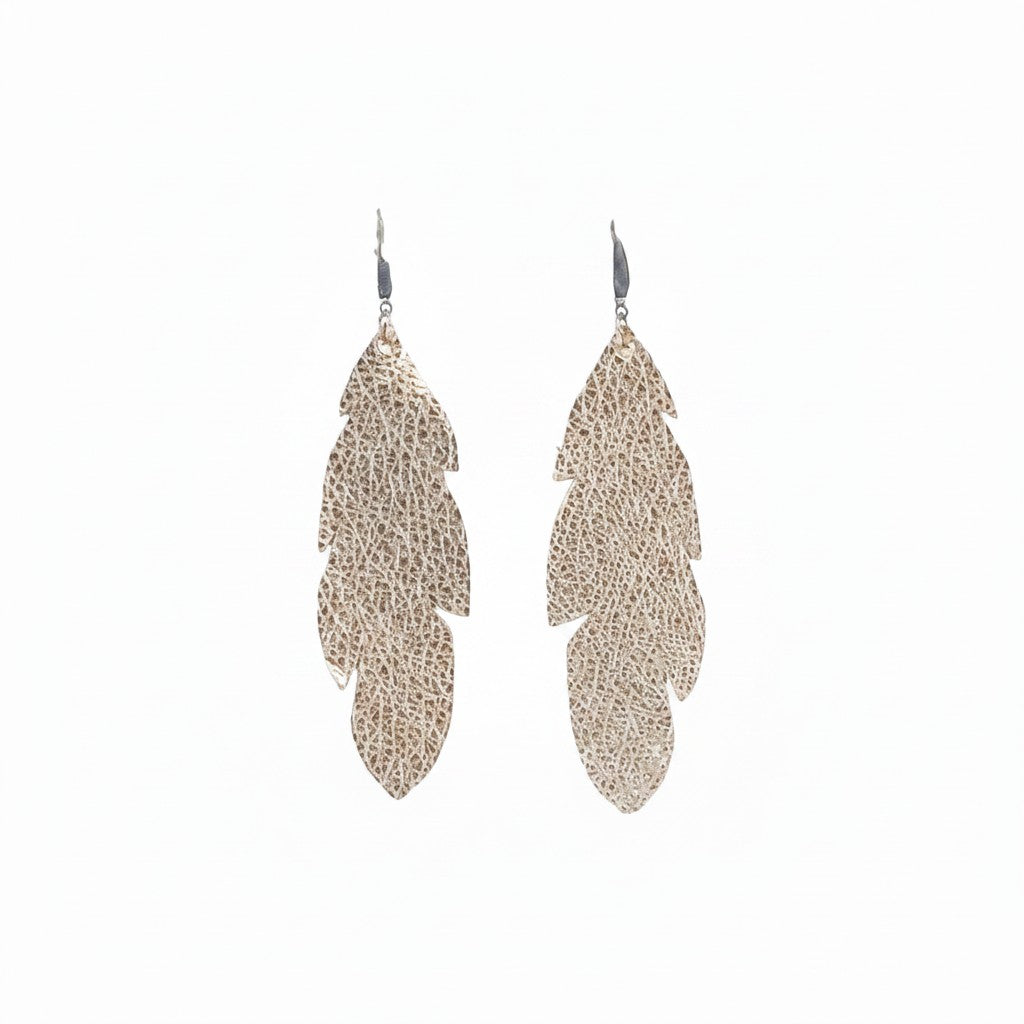 Rose Gold Pebbled Feather Leather Earrings