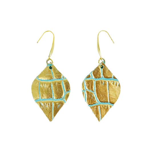 Gold & Teal Leaf Drop Earrings