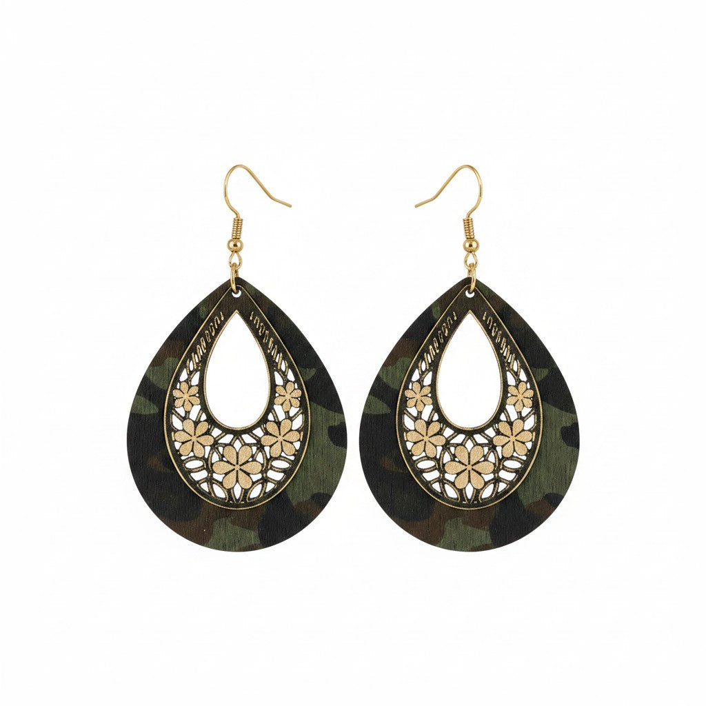 Evergreen Camo Filigree Teardrop Earrings