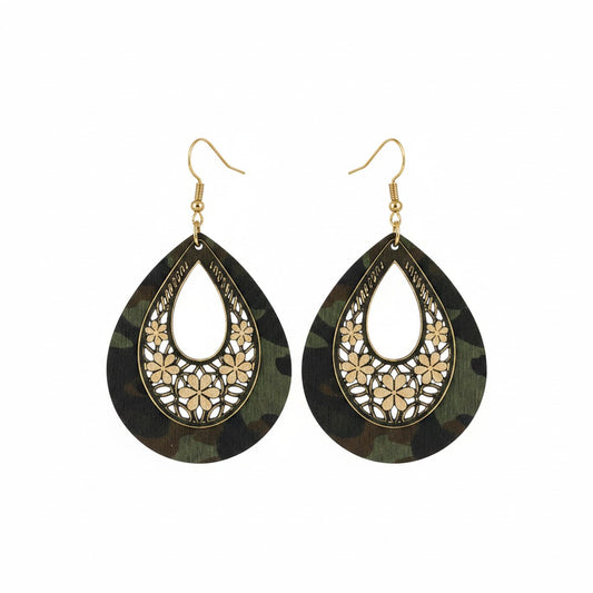 Evergreen Camo Filigree Teardrop Earrings