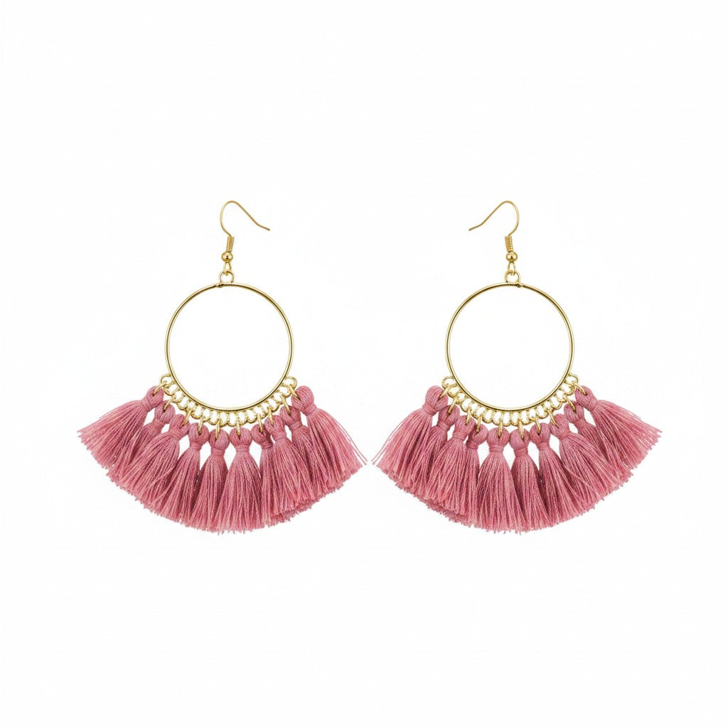 Rose Pink Bohemian Tassel Hoop Earrings