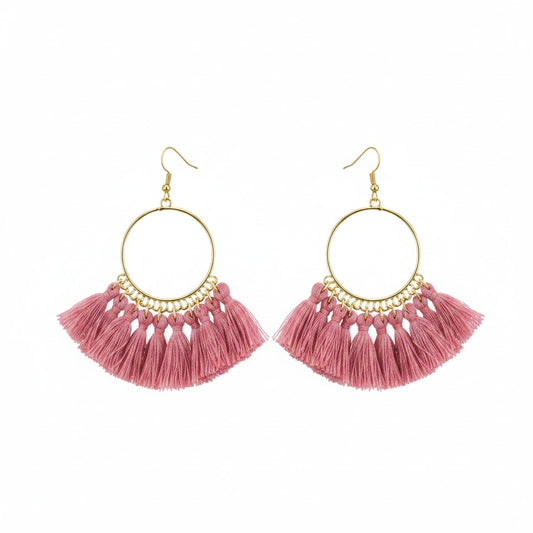 Rose Pink Bohemian Tassel Hoop Earrings