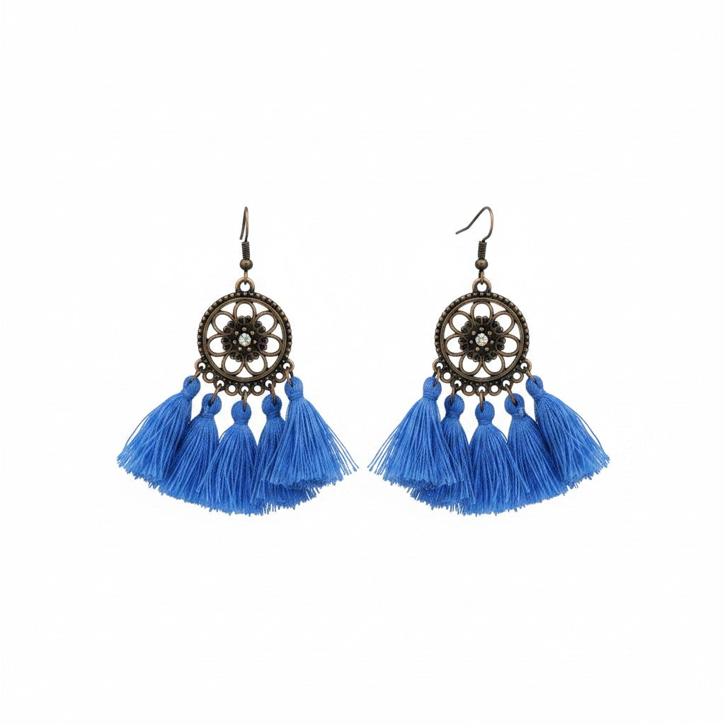 Blue Bohemian Tassel Earrings