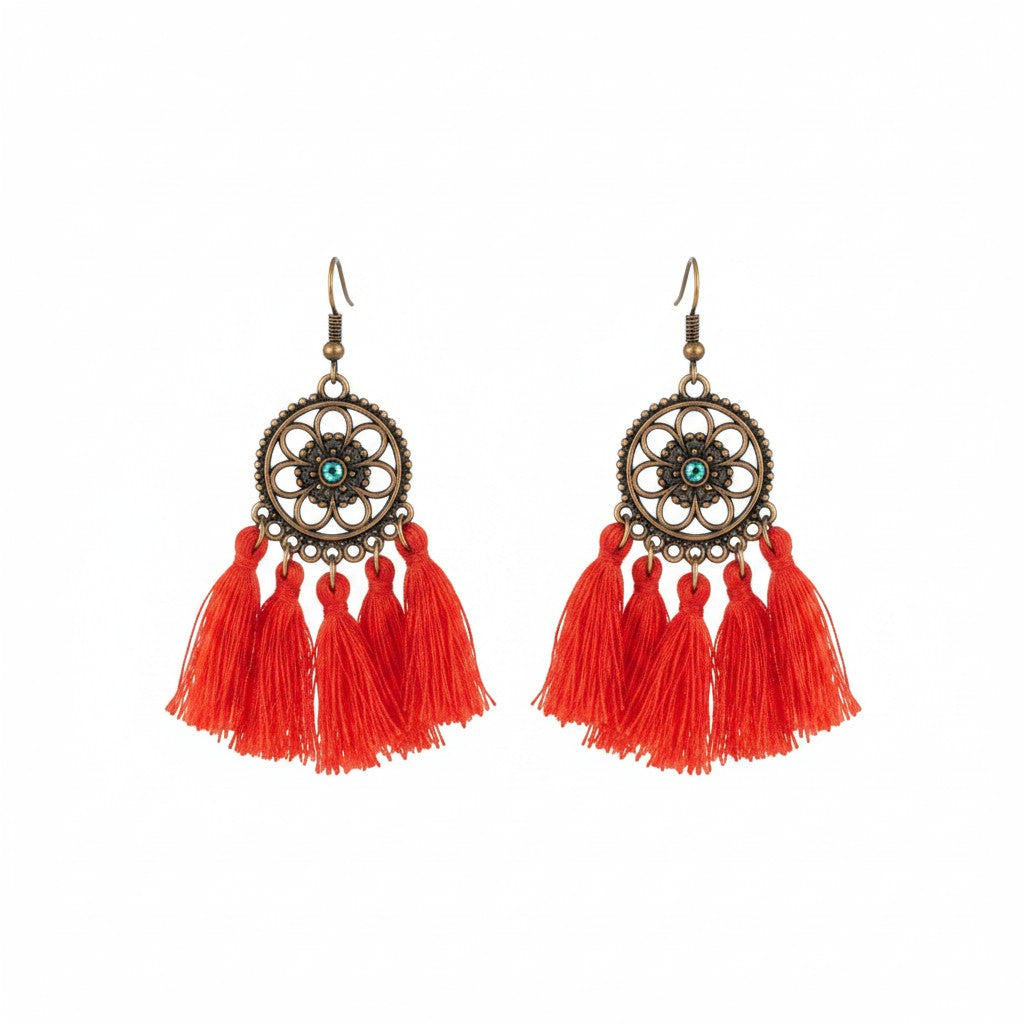 Red Bohemian Tassel Earrings