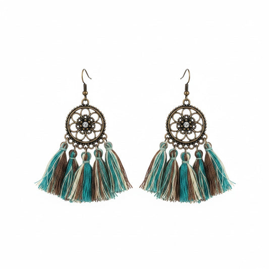 Teal Brown Multi Color Bohemian Tassel Earrings