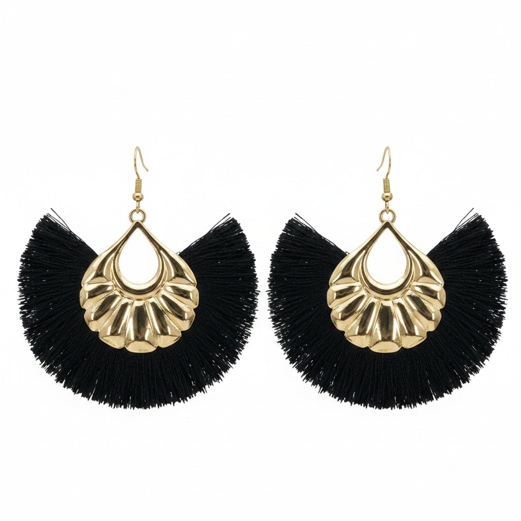 Extra Large Black Fan Shaped Tassel Earrings