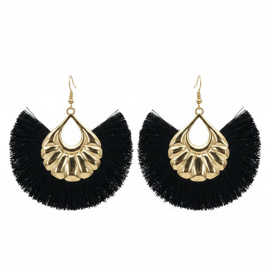 Extra Large Black Fan Shaped Tassel Earrings