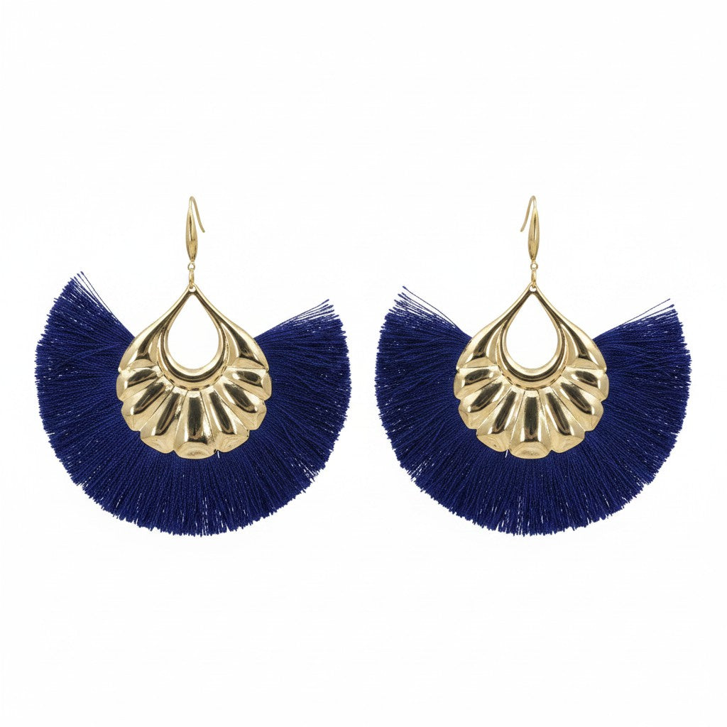 Extra Large Blue Fan Shaped Tassel Earrings